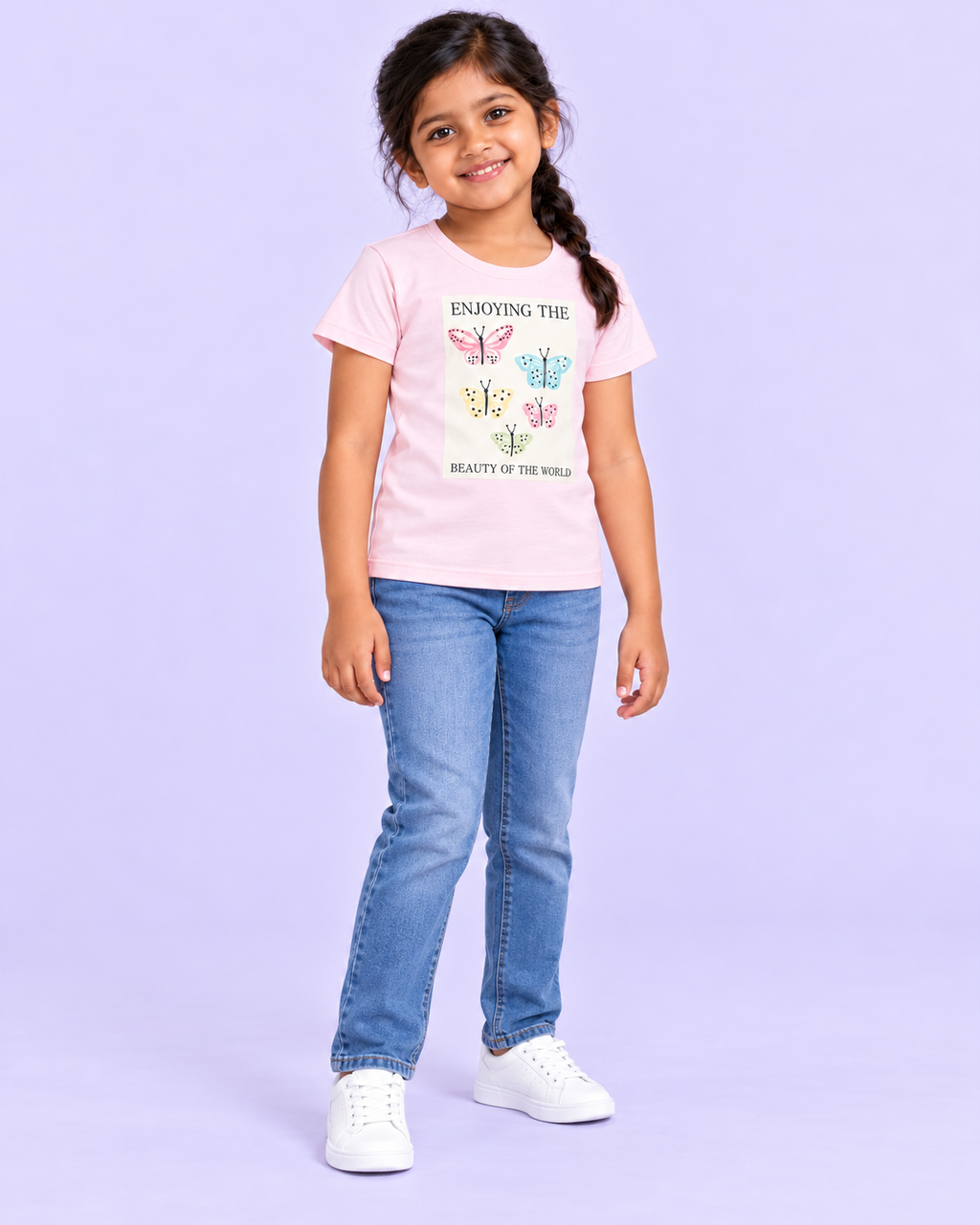Girls' Pink Beauty of the World Butterflies Printed Short Sleeve T-Shirt — full-length view