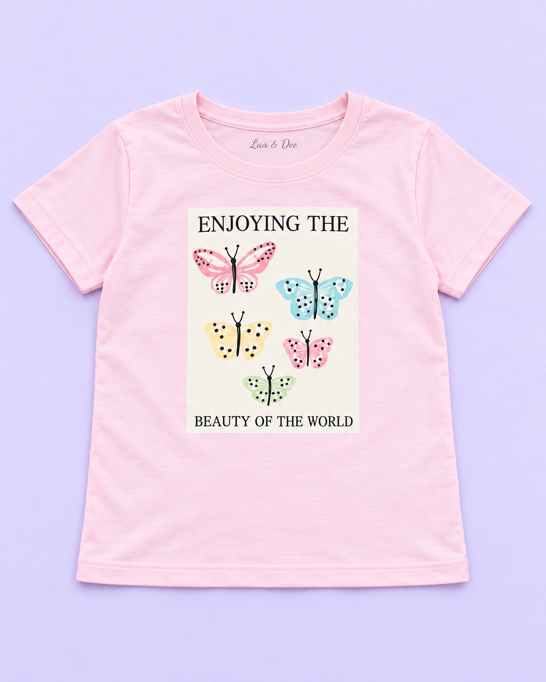 Girls' Pink Beauty of the World Butterflies Printed Short Sleeve T-Shirt — flat-lay view