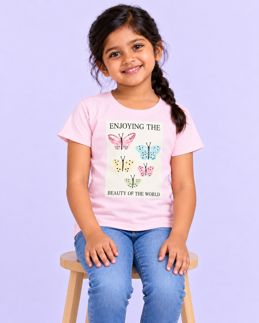 Girls' Pink Beauty of the World Butterflies Printed Short Sleeve T-Shirt — seated view