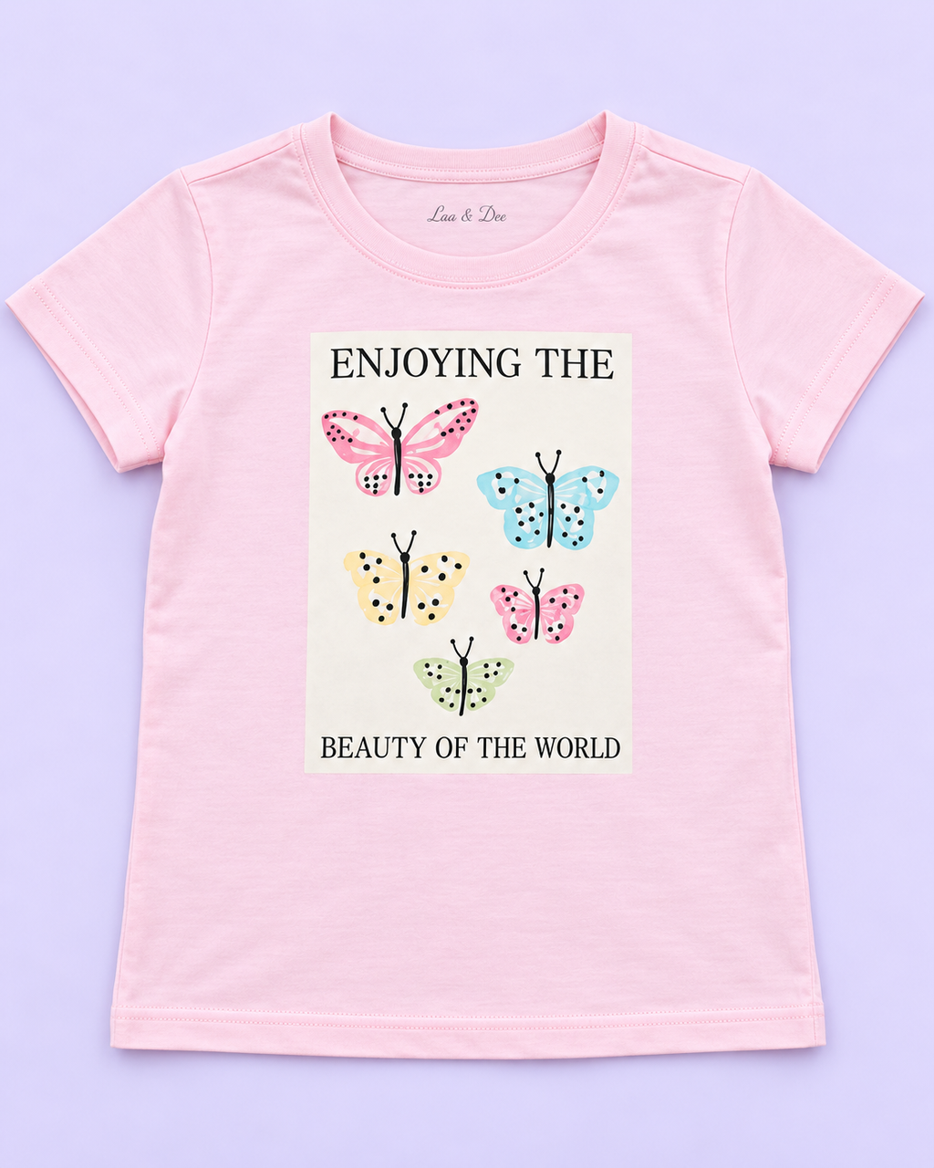 Girls' Pink Beauty of the World Butterflies Printed Short Sleeve T-Shirt — detail view