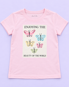 Girls' Pink Beauty of the World Butterflies Printed Short Sleeve T-Shirt — detail view