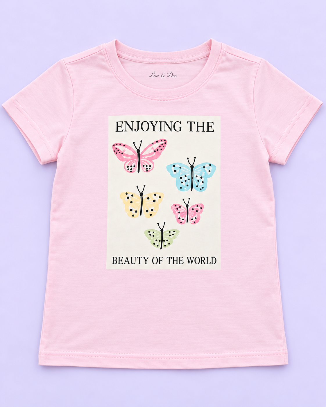 Girls' Pink Beauty of the World Butterflies Printed Short Sleeve T-Shirt — detail view