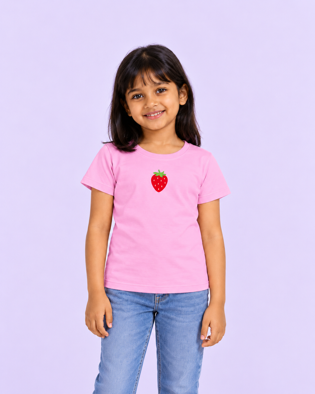 Girls' Pink Mini Strawberry Printed Short Sleeve T-Shirt — front view