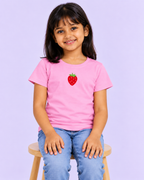 Girls' Pink Mini Strawberry Printed Short Sleeve T-Shirt — seated view