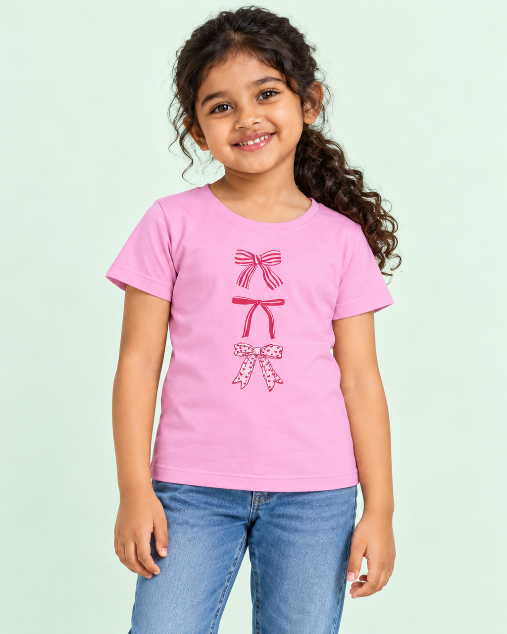 Girls' Pink Three Bows Printed Short Sleeve T-Shirt — front view