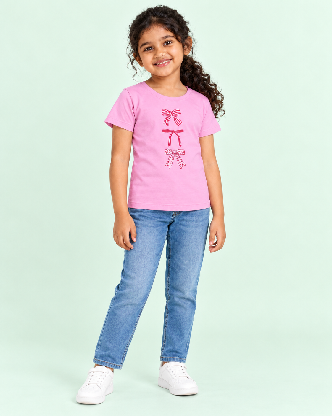 Girls' Pink Three Bows Printed Short Sleeve T-Shirt — full-length view