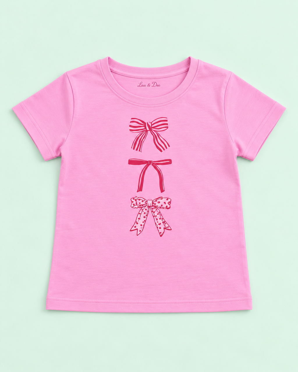 Girls' Pink Three Bows Printed Short Sleeve T-Shirt — flat-lay view