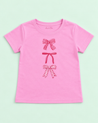 Girls' Pink Three Bows Printed Short Sleeve T-Shirt — flat-lay view