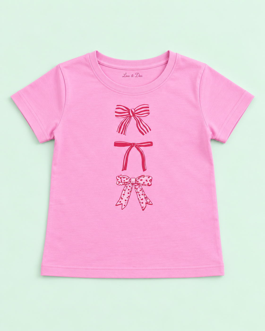 Girls' Pink Three Bows Printed Short Sleeve T-Shirt — flat-lay view