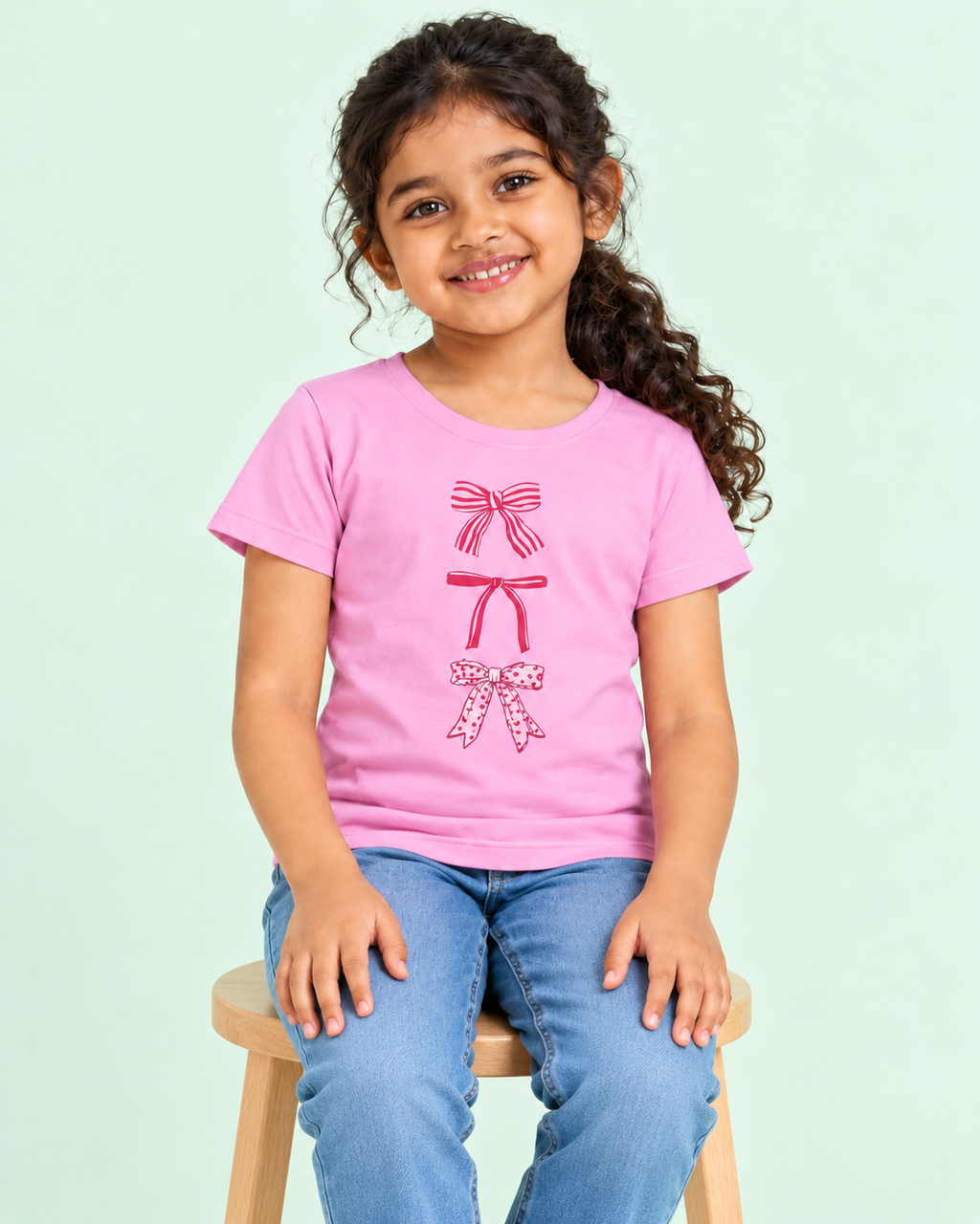Girls' Pink Three Bows Printed Short Sleeve T-Shirt — seated view