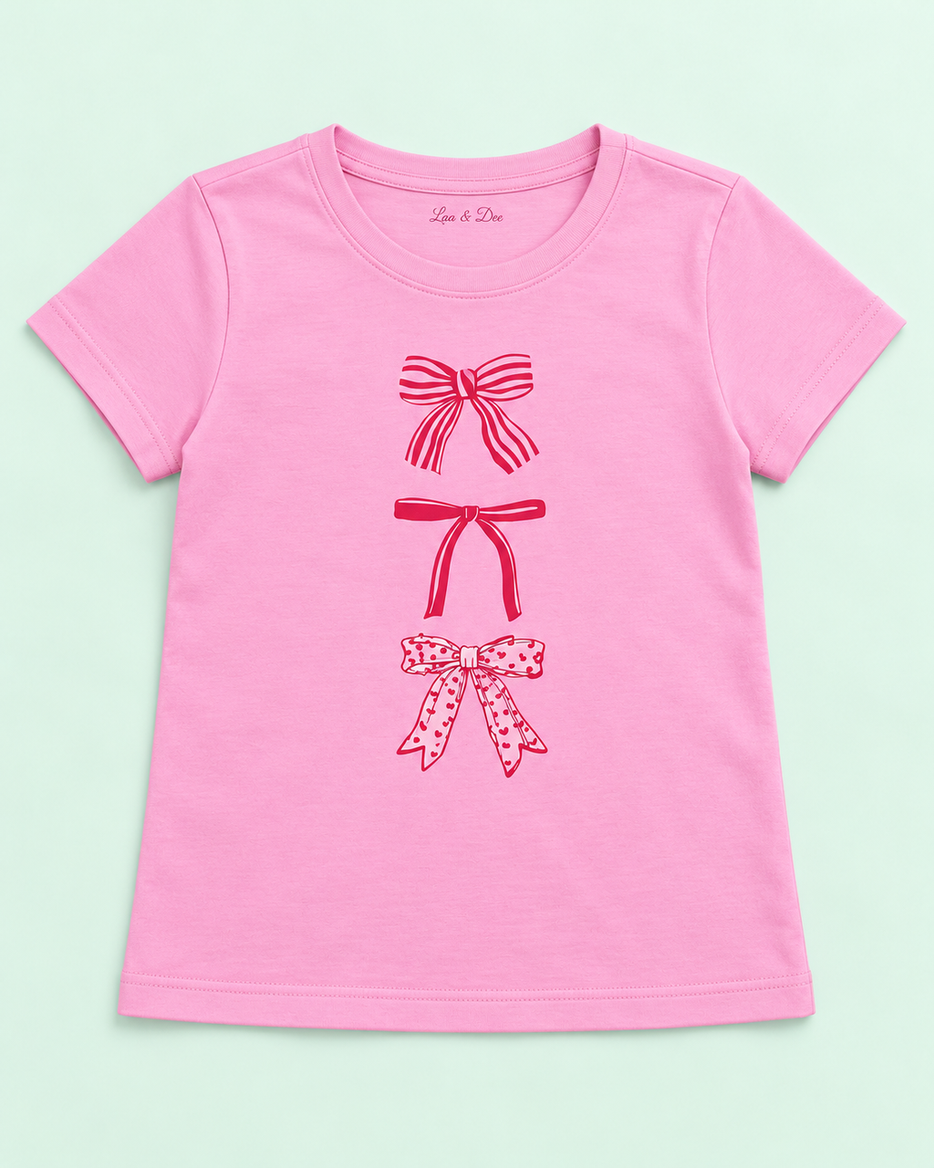 Girls' Pink Three Bows Printed Short Sleeve T-Shirt — detail view
