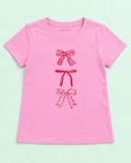 Girls' Pink Three Bows Printed Short Sleeve T-Shirt — detail view