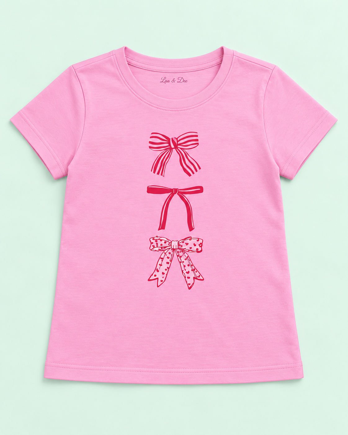 Girls' Pink Three Bows Printed Short Sleeve T-Shirt — detail view