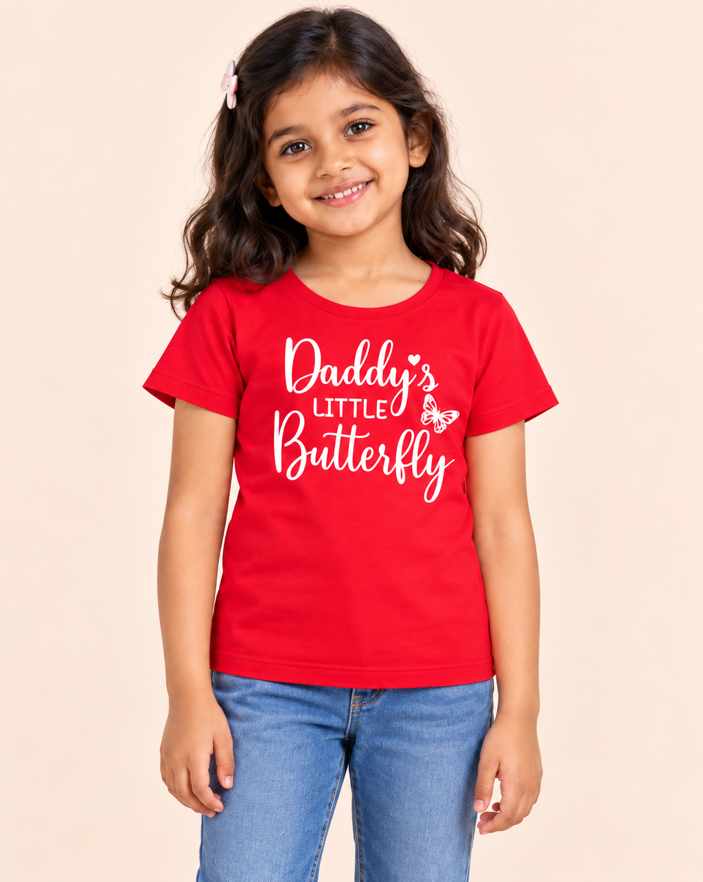 Girls' Red Daddy's Little Butterfly Printed Short Sleeve T-Shirt — front view