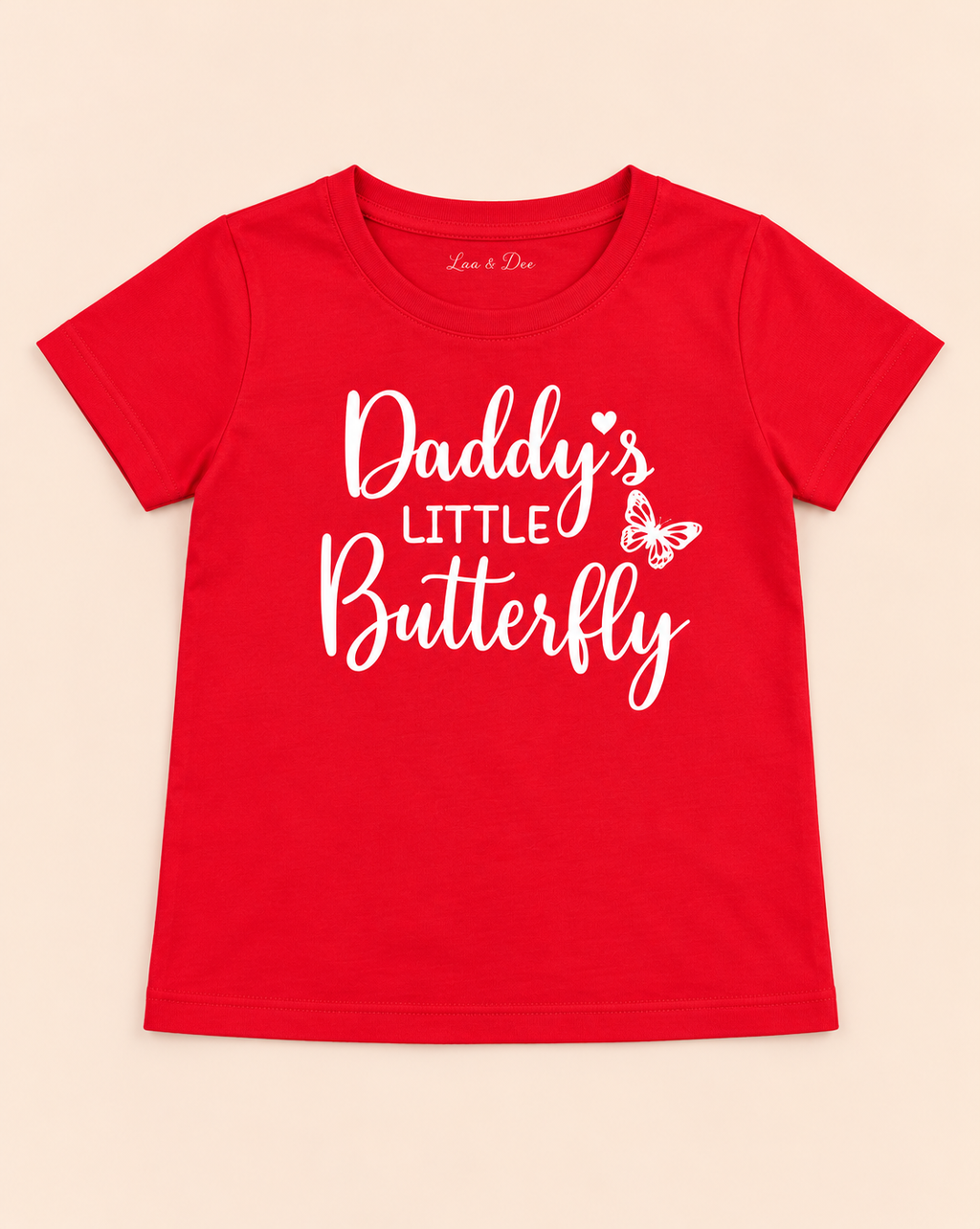 Girls' Red Daddy's Little Butterfly Printed Short Sleeve T-Shirt — flat-lay view