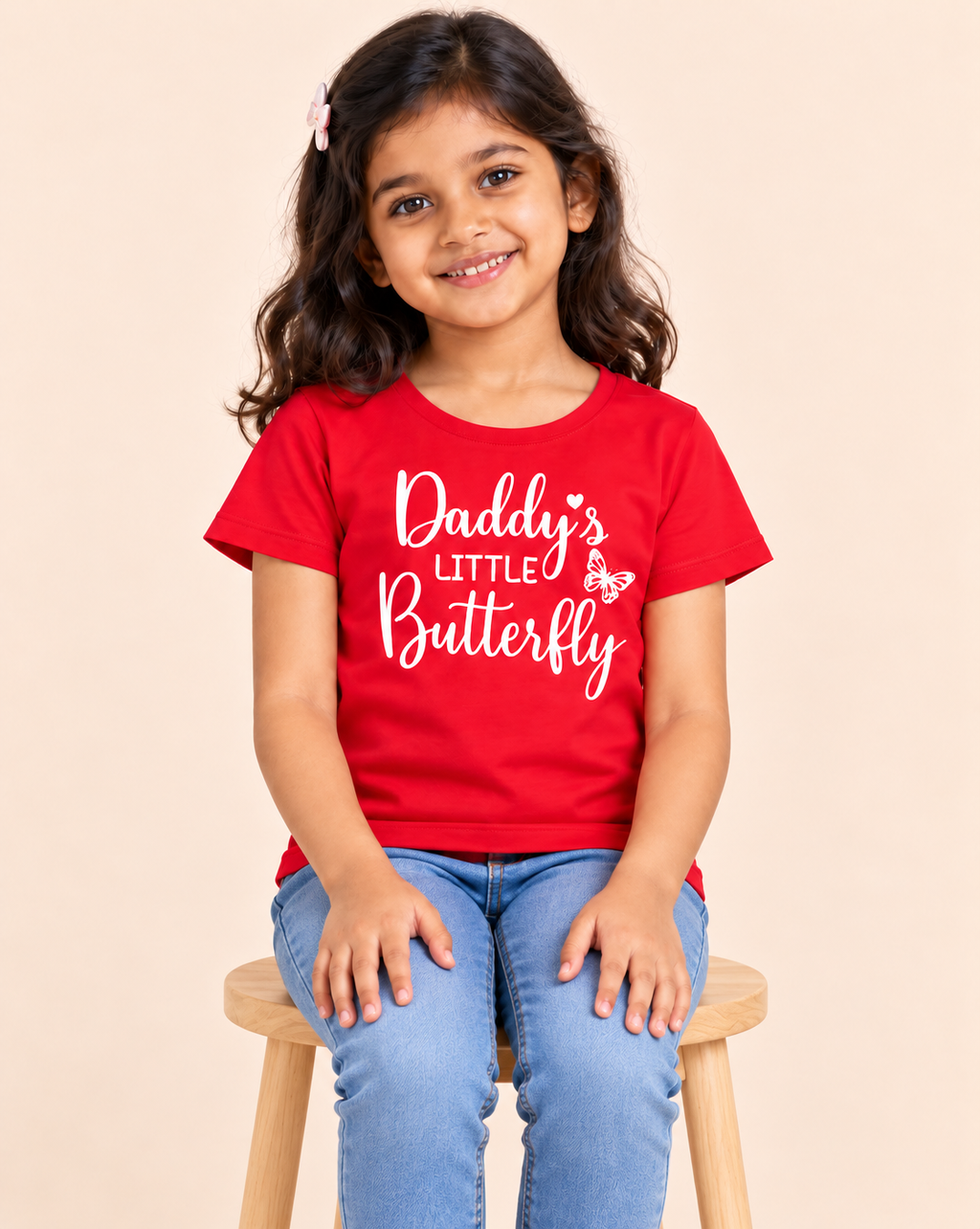 Girls' Red Daddy's Little Butterfly Printed Short Sleeve T-Shirt — seated view