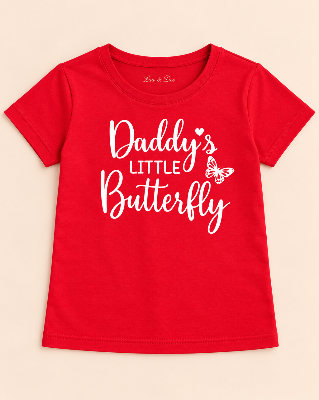 Girls' Red Daddy's Little Butterfly Printed Short Sleeve T-Shirt — detail view