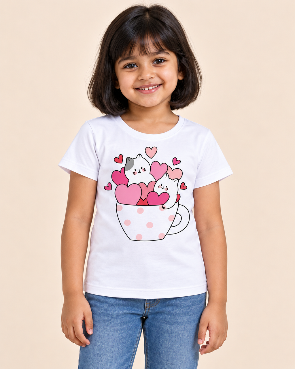 Girls' White Kittens Heart Cup Printed Short Sleeve T-Shirt — front view