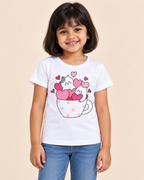 Girls' White Kittens Heart Cup Printed Short Sleeve T-Shirt — front view