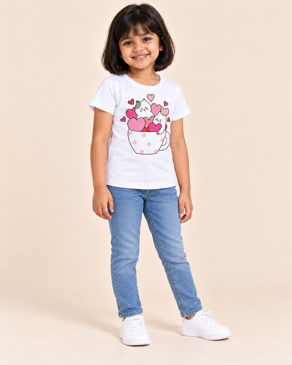 Girls' White Kittens Heart Cup Printed Short Sleeve T-Shirt — full-length view