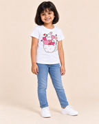 Girls' White Kittens Heart Cup Printed Short Sleeve T-Shirt — full-length view