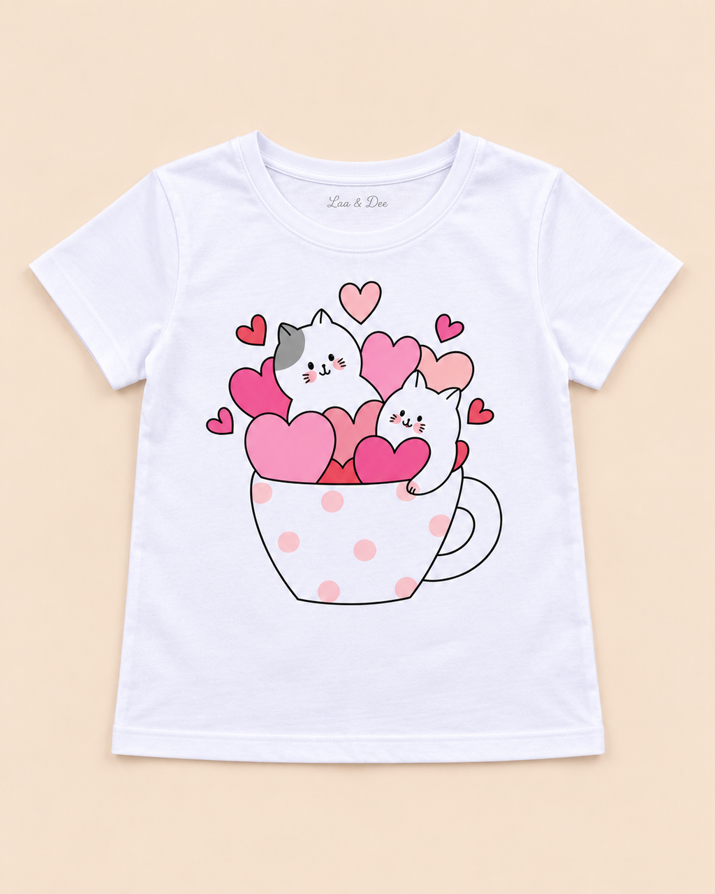 Girls' White Kittens Heart Cup Printed Short Sleeve T-Shirt — flat-lay view