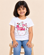Girls' White Kittens Heart Cup Printed Short Sleeve T-Shirt — seated view