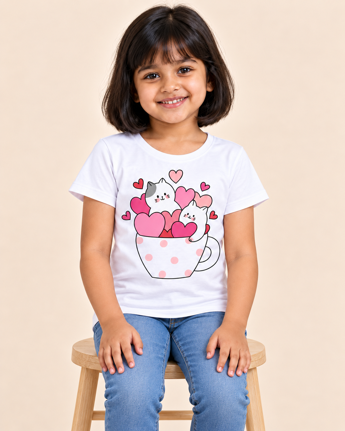 Girls' White Kittens Heart Cup Printed Short Sleeve T-Shirt — seated view