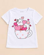Girls' White Kittens Heart Cup Printed Short Sleeve T-Shirt — detail view