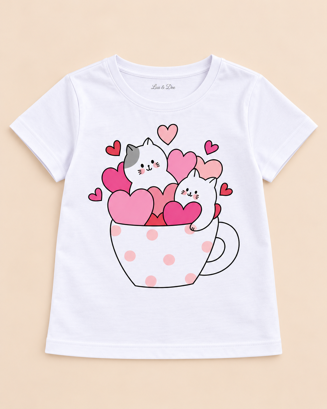Girls' White Kittens Heart Cup Printed Short Sleeve T-Shirt — detail view