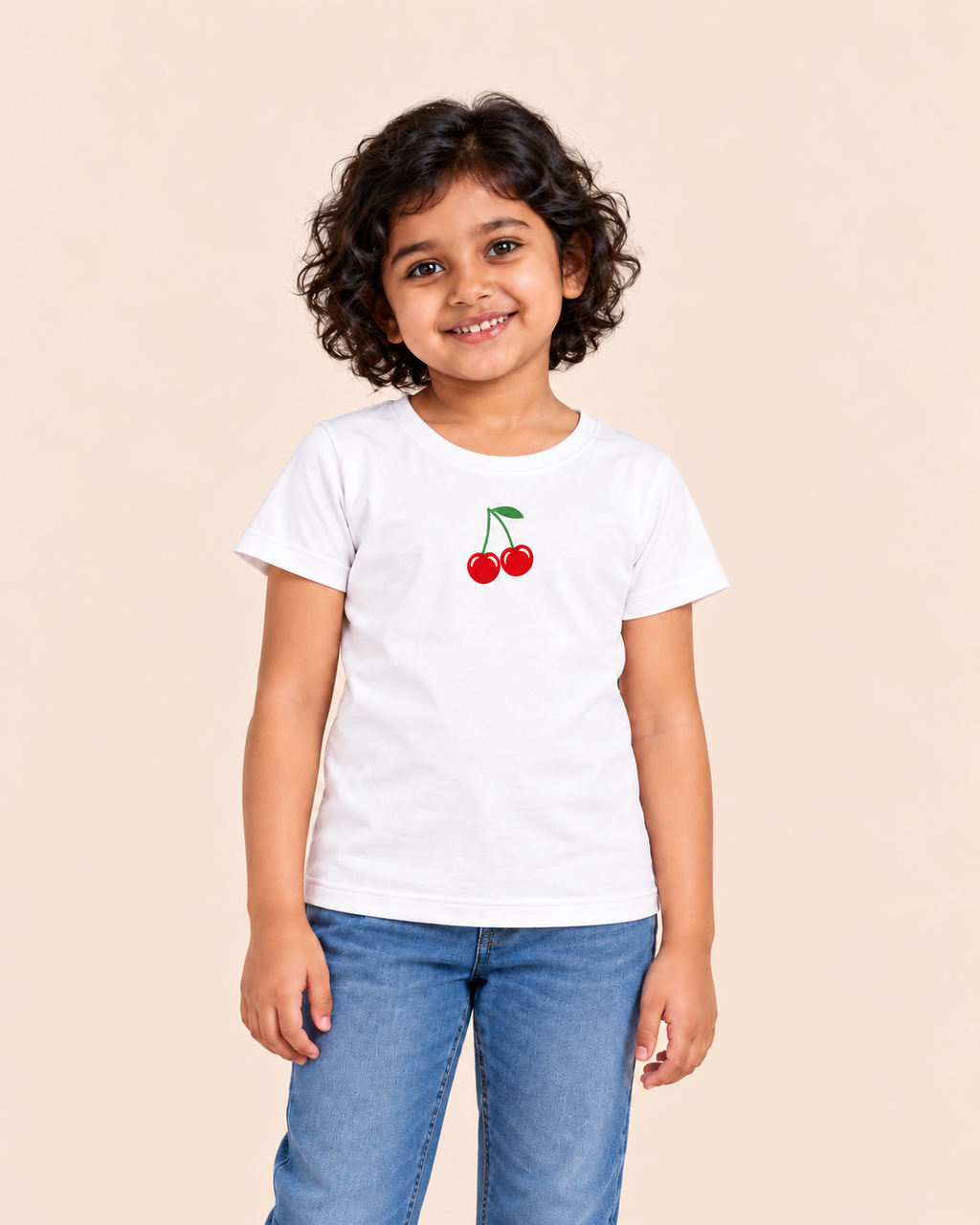 Girls' White Mini Cherries Printed Short Sleeve T-Shirt — front view