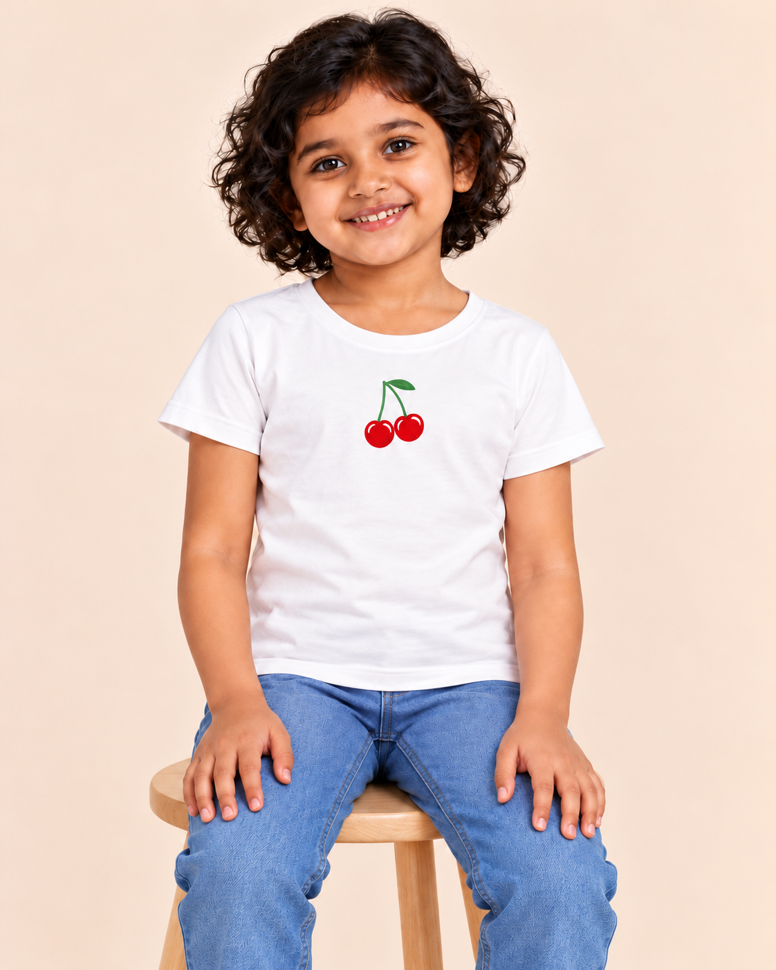 Girls' White Mini Cherries Printed Short Sleeve T-Shirt — seated view