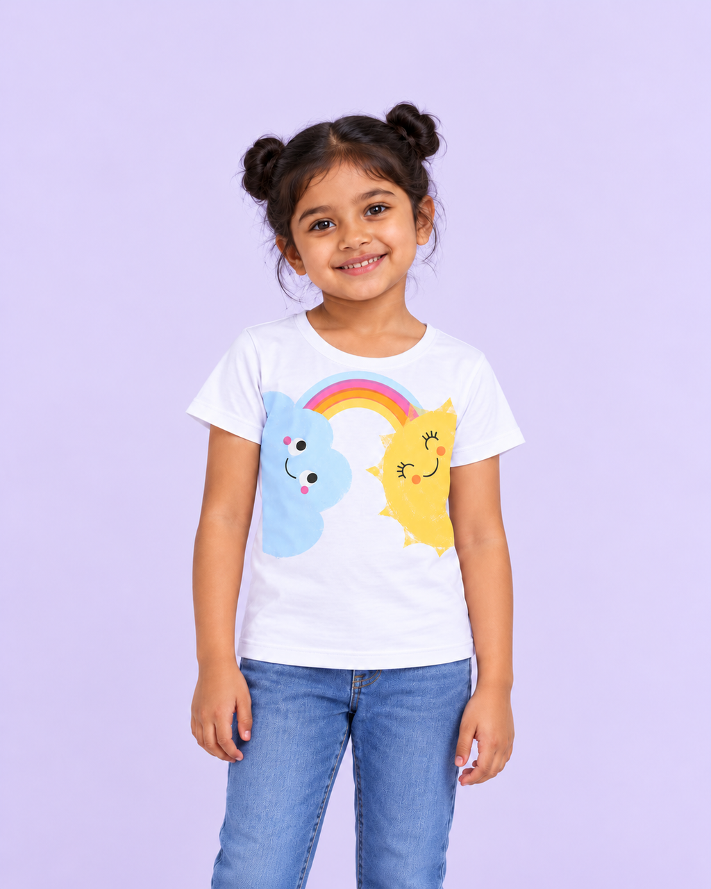 Girls' White Sun Cloud Rainbow Printed Short Sleeve T-Shirt — front view
