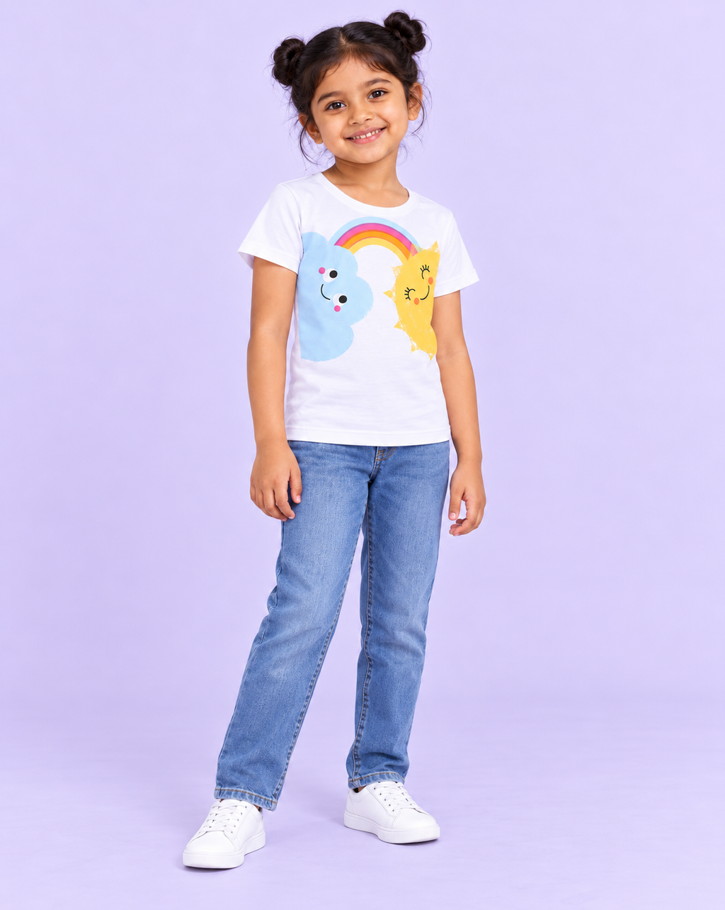 Girls' White Sun Cloud Rainbow Printed Short Sleeve T-Shirt — full-length view