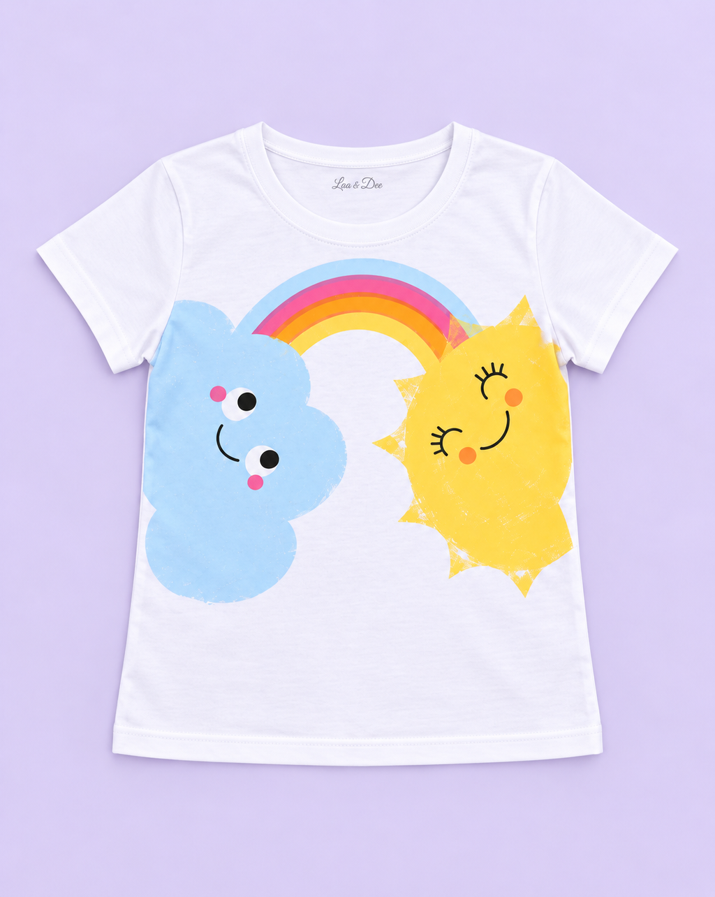 Girls' White Sun Cloud Rainbow Printed Short Sleeve T-Shirt — flat-lay view