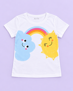 Girls' White Sun Cloud Rainbow Printed Short Sleeve T-Shirt — flat-lay view