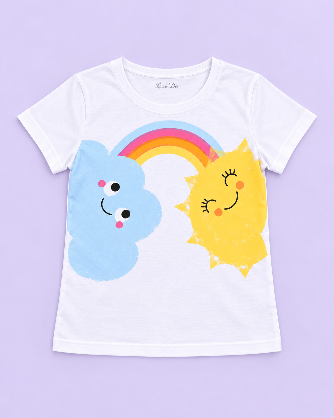 Girls' White Sun Cloud Rainbow Printed Short Sleeve T-Shirt — flat-lay view