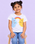Girls' White Sun Cloud Rainbow Printed Short Sleeve T-Shirt — seated view