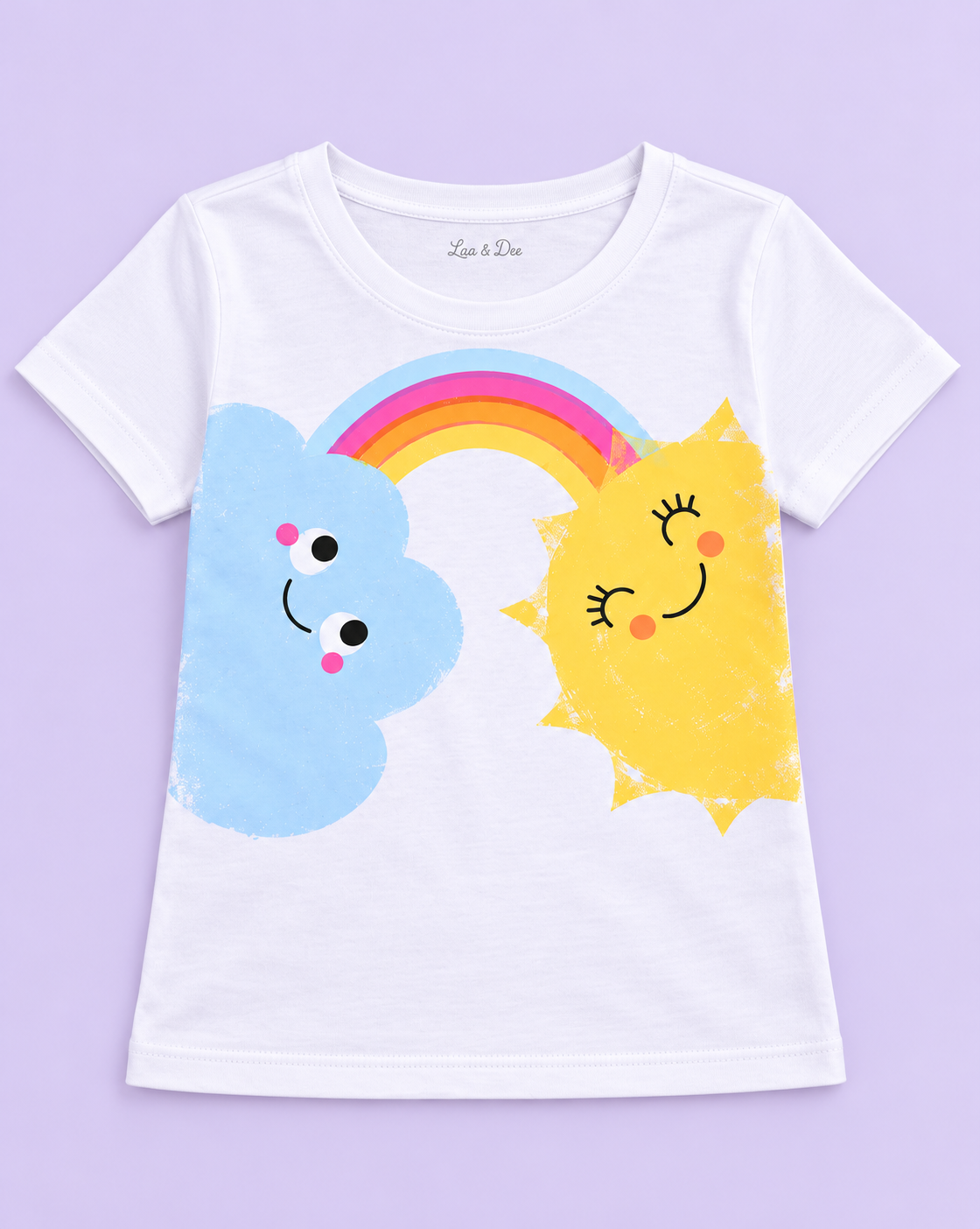 Girls' White Sun Cloud Rainbow Printed Short Sleeve T-Shirt — detail view