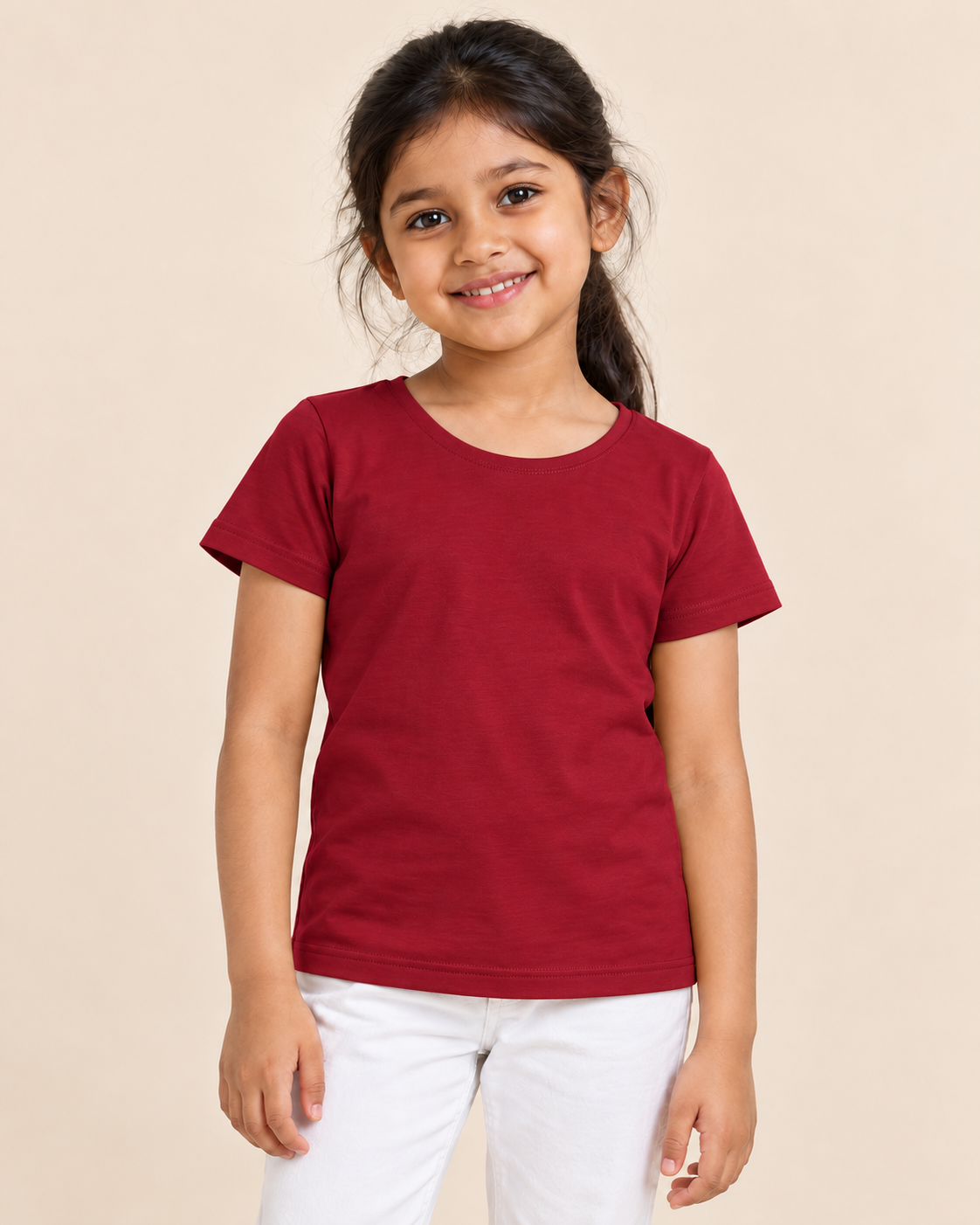 Girls' Plain Short Sleeve T-Shirt - Maroon - front view on girl model #colour:maroon