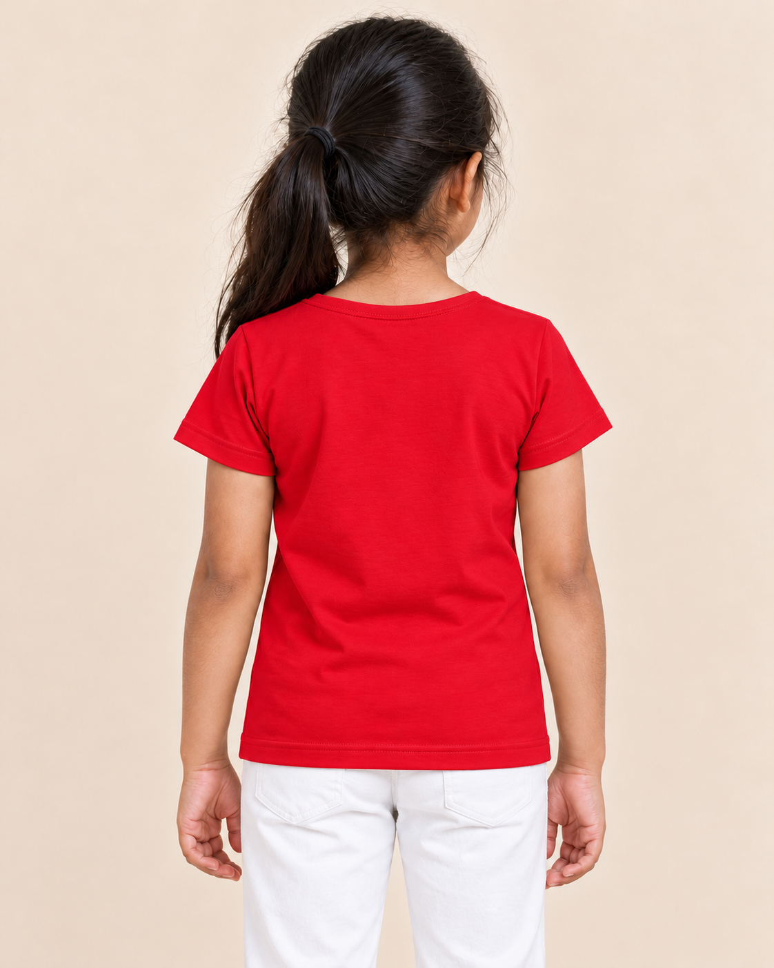 Girls' Plain Short Sleeve T-Shirt - Red - back view on girl model #colour:red