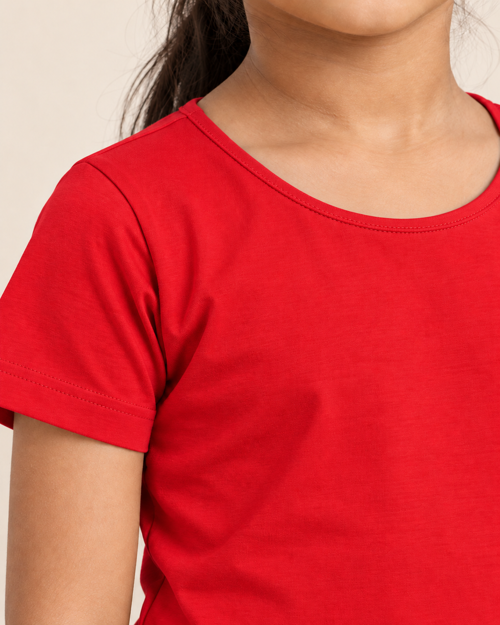 Girls' Plain Short Sleeve T-Shirt - Red - fabric and stitching close-up #colour:red