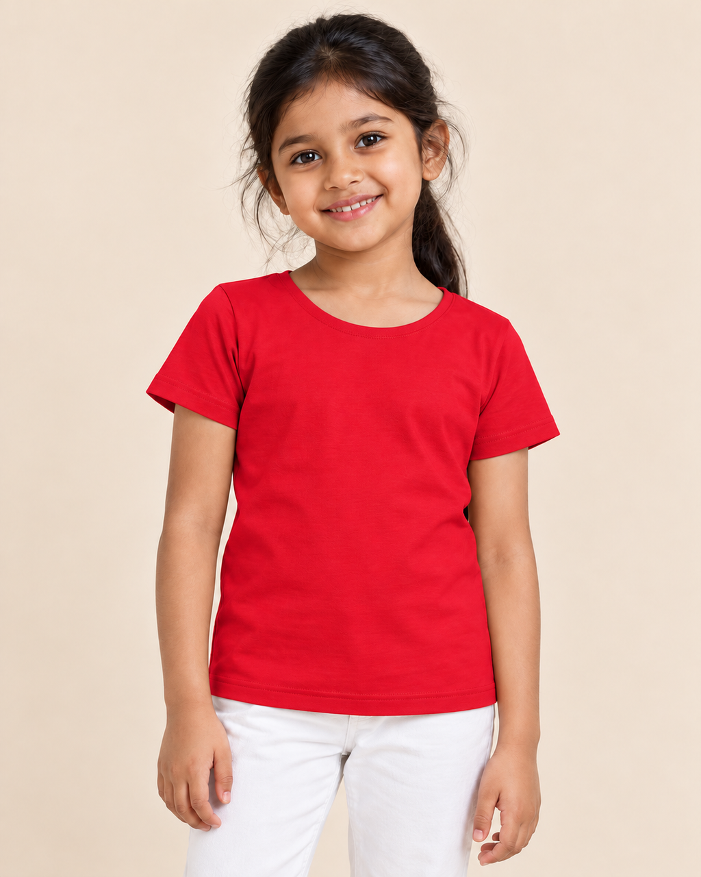 Girls' Plain Short Sleeve T-Shirt - Red - front view on girl model #colour:red
