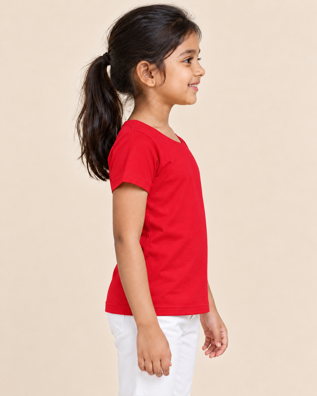 Girls' Plain Short Sleeve T-Shirt - Red - side view on girl model #colour:red