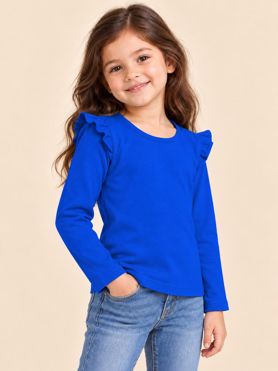 Girls royal blue ruffle shoulder top angled #colour:royal-blue
