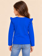 Girls royal blue ruffle shoulder top back #colour:royal-blue