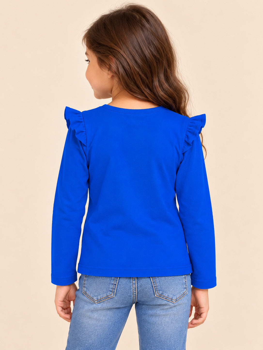 Girls royal blue ruffle shoulder top back #colour:royal-blue