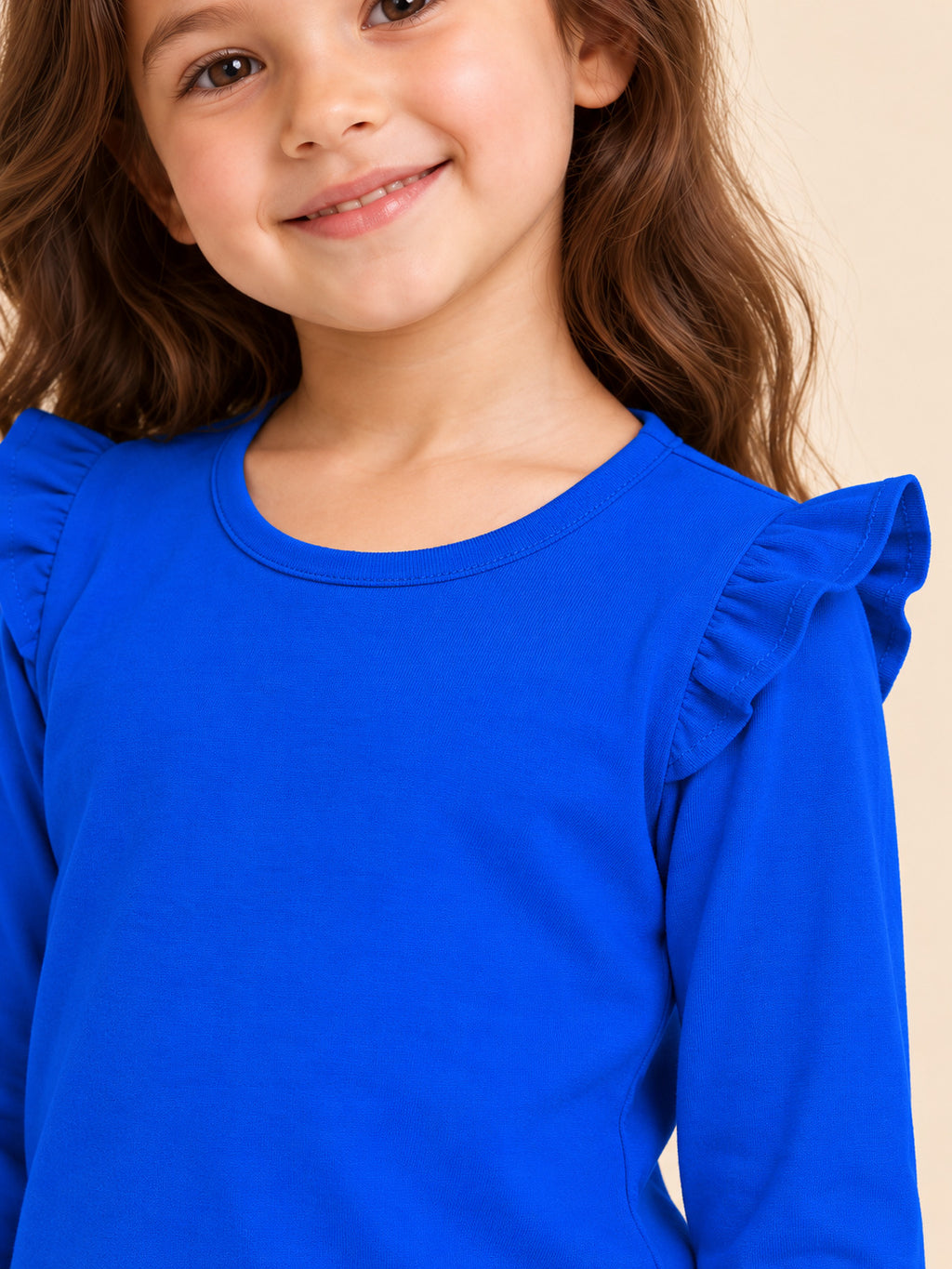 Royal blue girls top ruffled shoulder neckline fabric detail #colour:royal-blue