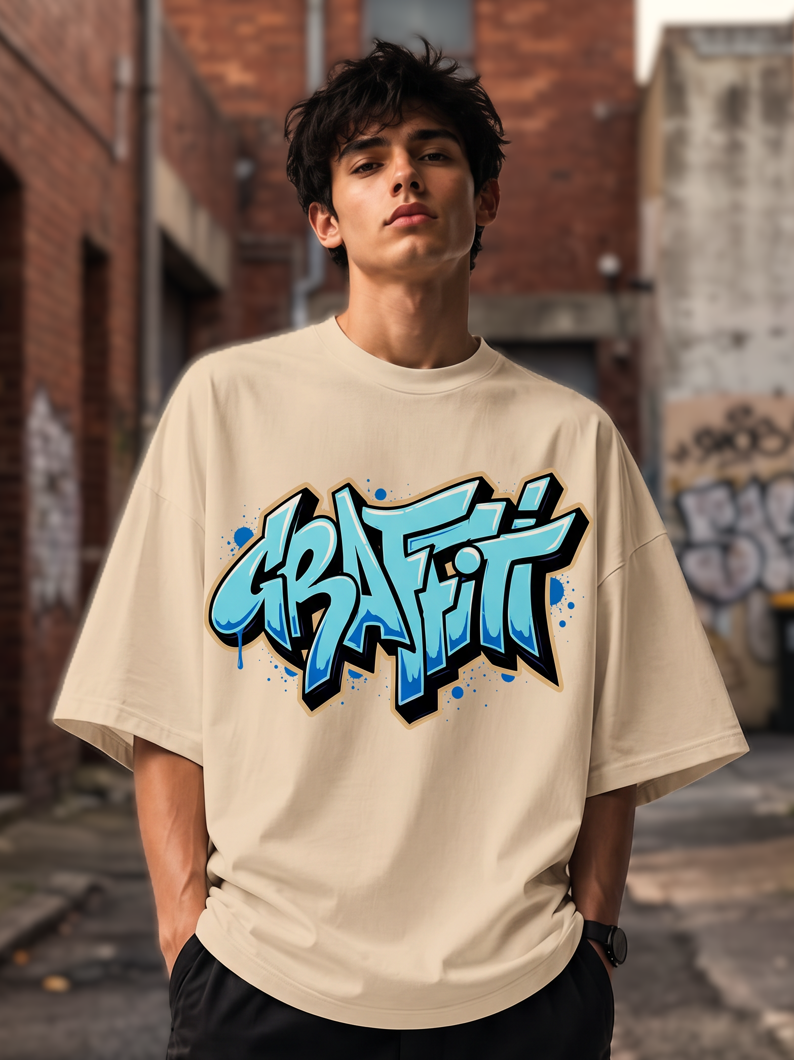 Cream Streetwear Printed Oversized T-shirt
