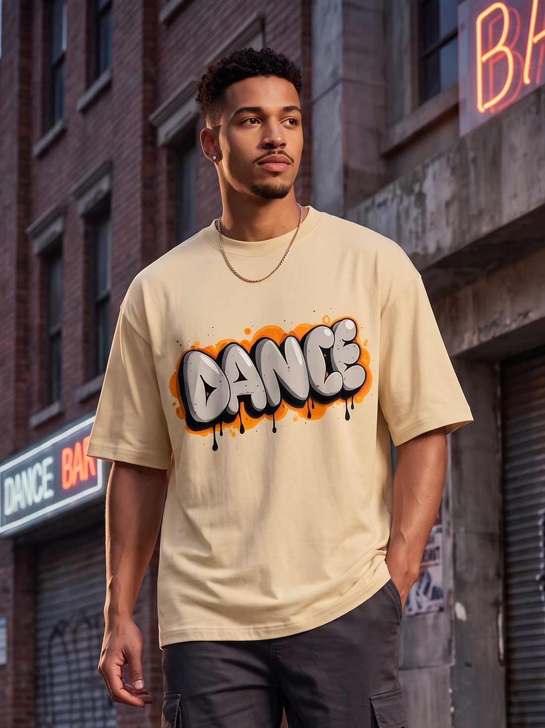 Cream Streetwear Printed Oversized T-shirt